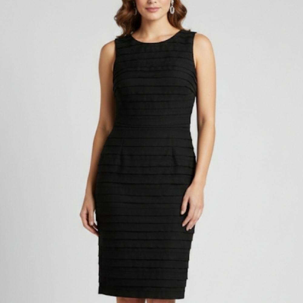 London Times Black Sheath Midi Dress Ruffled Tiers Size 12 Petite Sleeveless